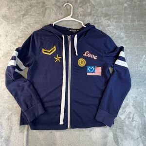 Miss‎ Chievous Navy Blue Zip Up Hoodie Love USA Flag Patches Stripes Women's M